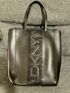 DKNY Black Faux Leather Glitter Logo Tote Bag